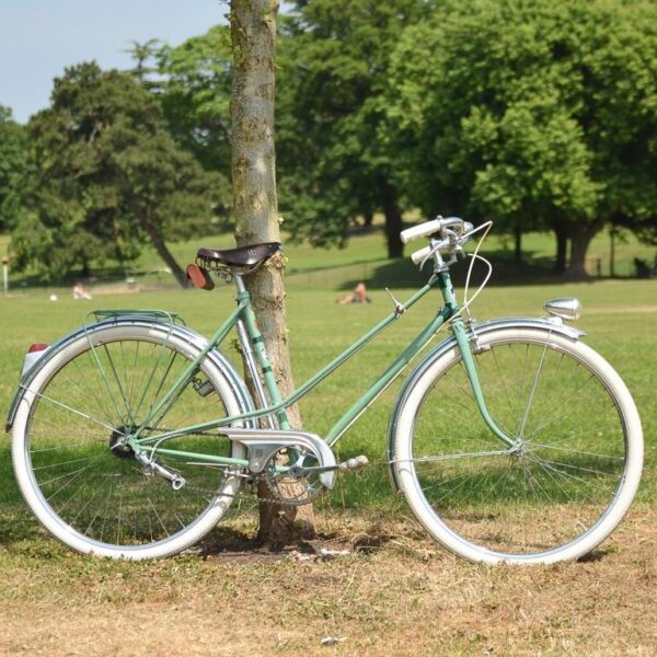 1950's Vintage Peugeot Bicycle right side against tree